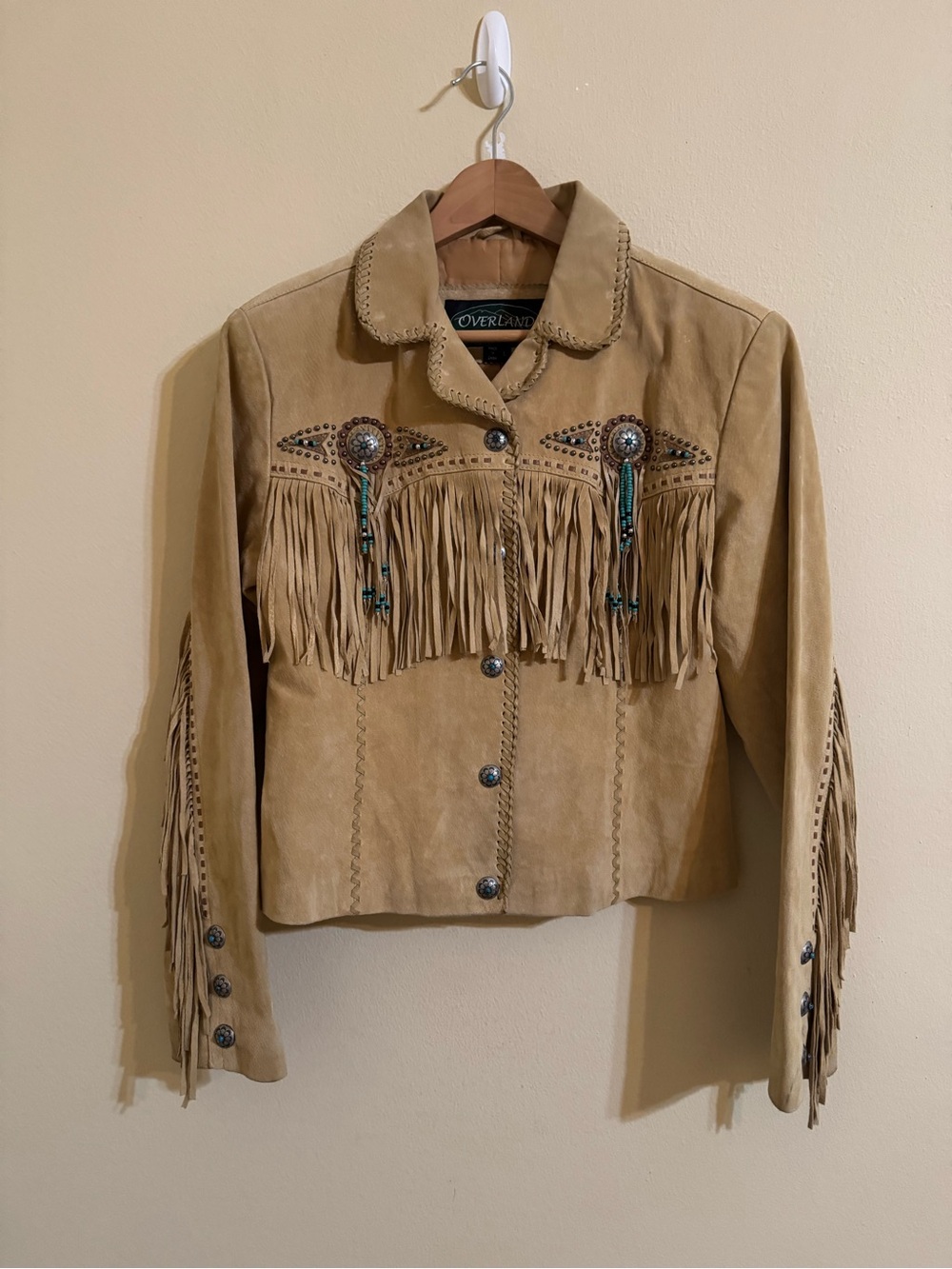 Overland Concho Fringe Western Jacket Suede Leather Tan Large